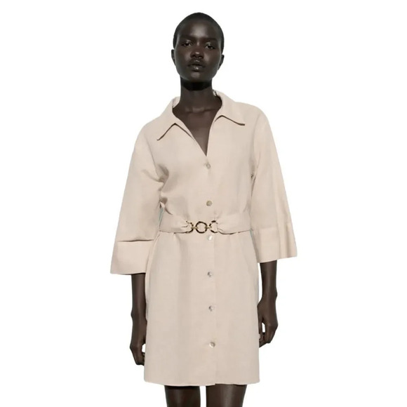 ZARA | Sand | BELTED LINEN BLEND MINI DRESS - Picture 5 of 11